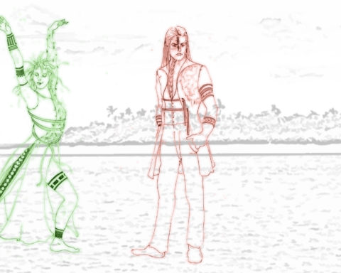 Sketches of the costumes of Prospero, Ariel, and Calaban, designed by Barbara Bell; mashup created from submitted images.