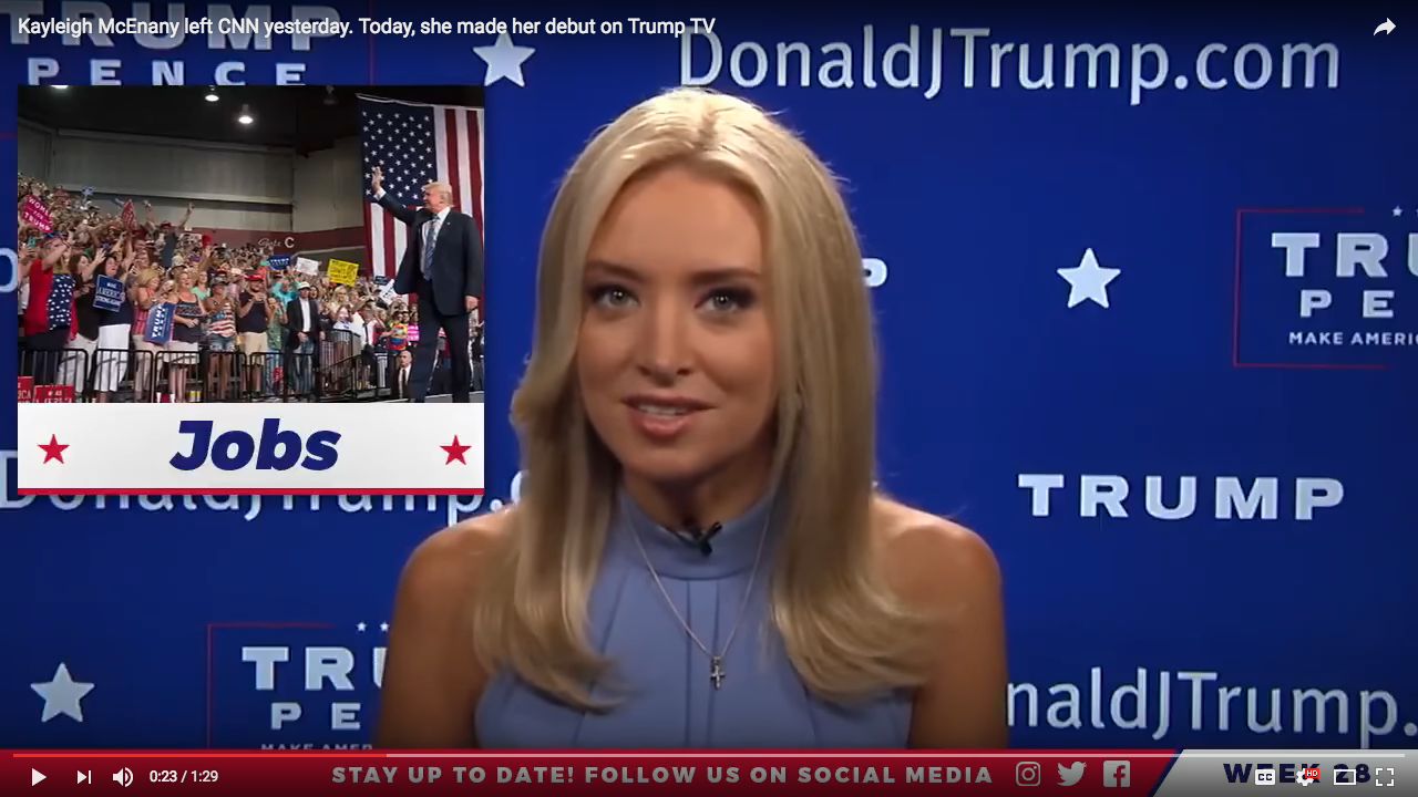 Kayleigh McEnany, Republican National Committee national spokesperson, debuted August 6 as the host of the web series "News of the Week, on "the official Facebook page for Donald J. Trump," seemingly unable to decide between a sort of Veronica Lake or Lauren Bacall. The overall effect was pretty solidly Sharon Stone ca. 1992. Image via video capture of Facebook webcast, (possibly) Donald J. Trump for President, Inc.