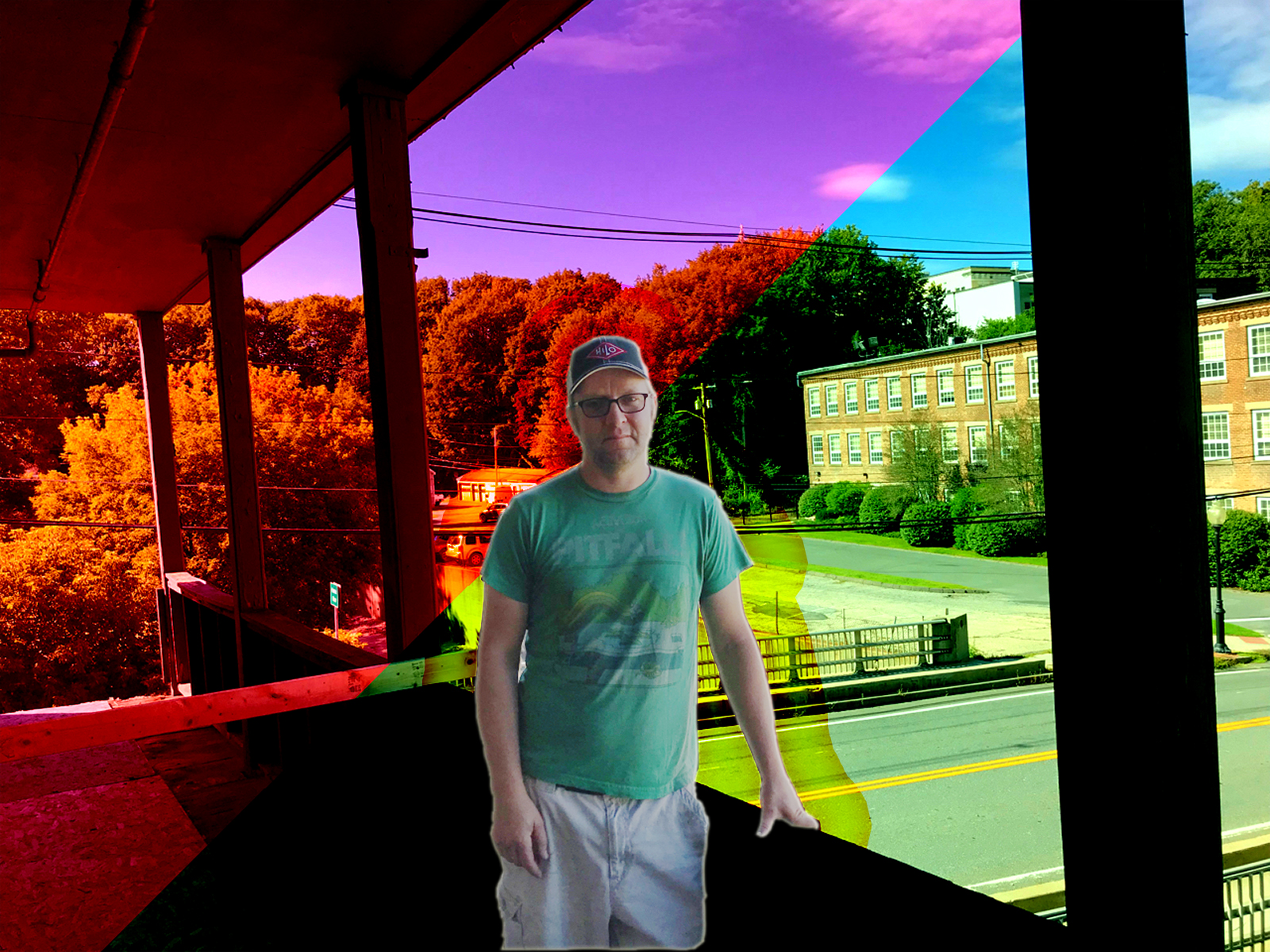 Brian Miksic, standing on the balcony off the Green Room at HiLo North Adams, overlooking Union Street; photo and image effects by Jason Velázquez.