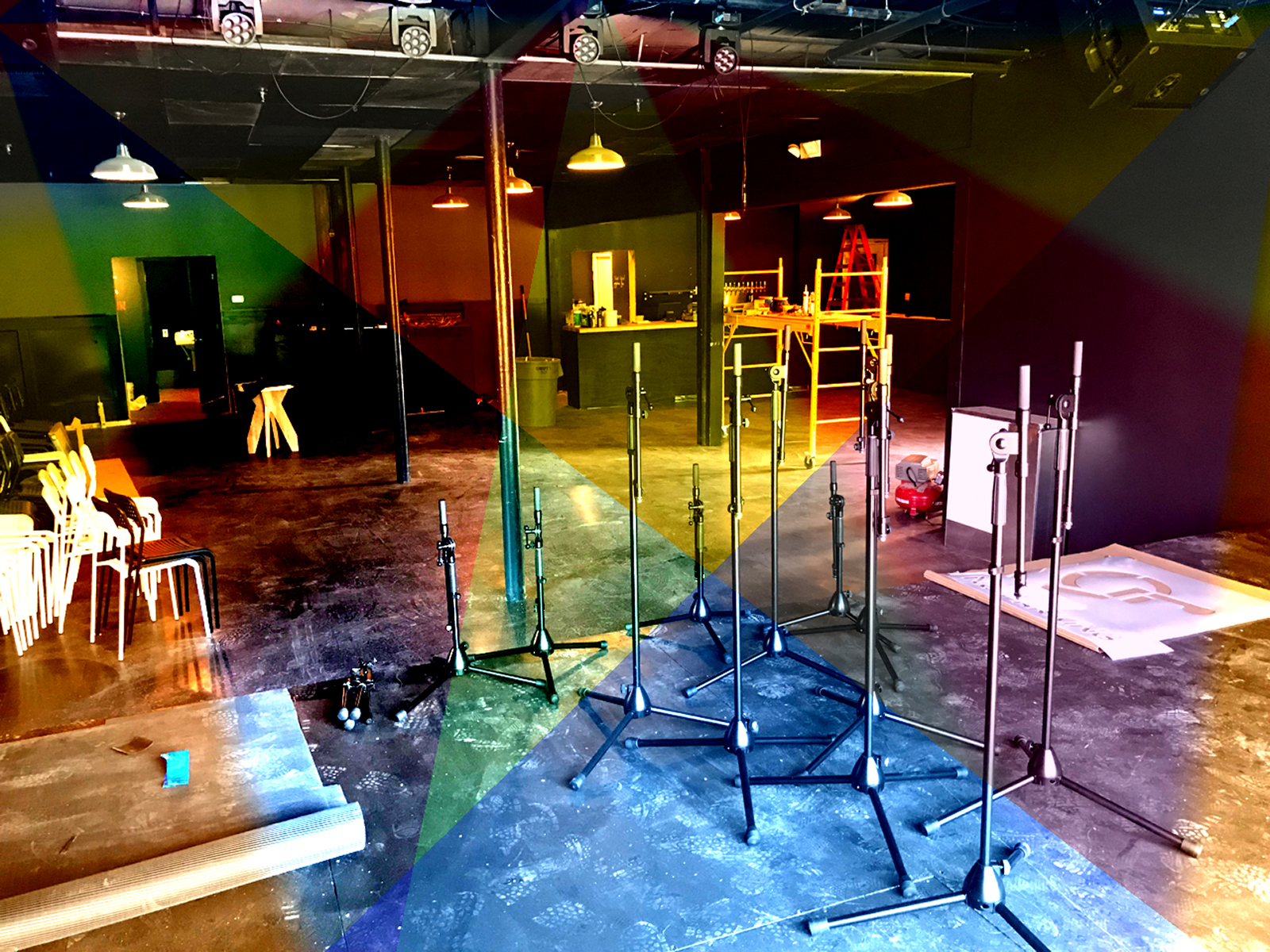 The performance stage at HiLo, still under construction just days before the soft opening; photo and effects by Jason Velázquez.