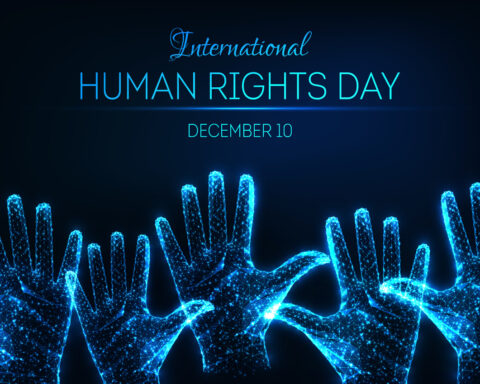 Futuristic glowing low polygonal International human rights day concept with raised up open hands and text on dark blue background. Modern wire frame mesh design vector illustration