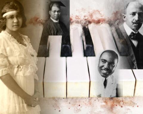 Collage of photos of people against an illustration of piano keys (Left to right) Yolande Du Bois; Countee Cullen; Jimmie Lunceford; W.E.B. Du Bois