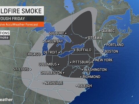 Graphic of weather map showing forecast for areas worst affected by Canadian wildfire smoke.