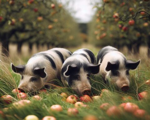 Three Gloucestershire Old Spot pigs hunting for apples in an orchard in Autumn.