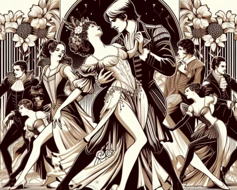 Art Deco –style illustration of a dance number in the Broadway musical, "Kiss Me Kate."