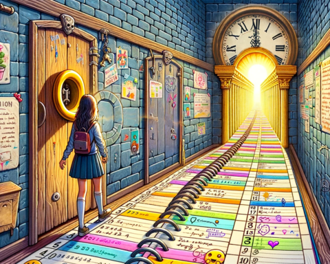 An illustration depicts a young female high school student standing at the threshold of a half-open medieval dungeon cell door. She gazes into a corridor that stretches into a bright light. The corridor floor is creatively transformed into a colorful day planner, full of playful notations, emoji-style doodles, and vibrant shades, symbolizing organization and time management. The walls blend the stone of a dungeon with a school-like setting, adorned with cheerful posters and doodles, merging academic and fantastical themes. Above the door, an ornate clock hangs, its time pointing towards a future. The light at the end of the corridor suggests hope and the promise of a well-managed, brighter path ahead.