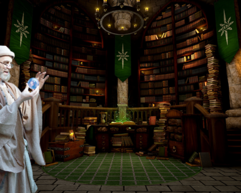 A bearded man dressed as a sorcerer stands in an ornate, circular library lined with tall bookshelves and lit by candles. He holds a glowing crystal ball while facing a central table covered with books and magical objects, suggesting a theatrical fantasy setting.
