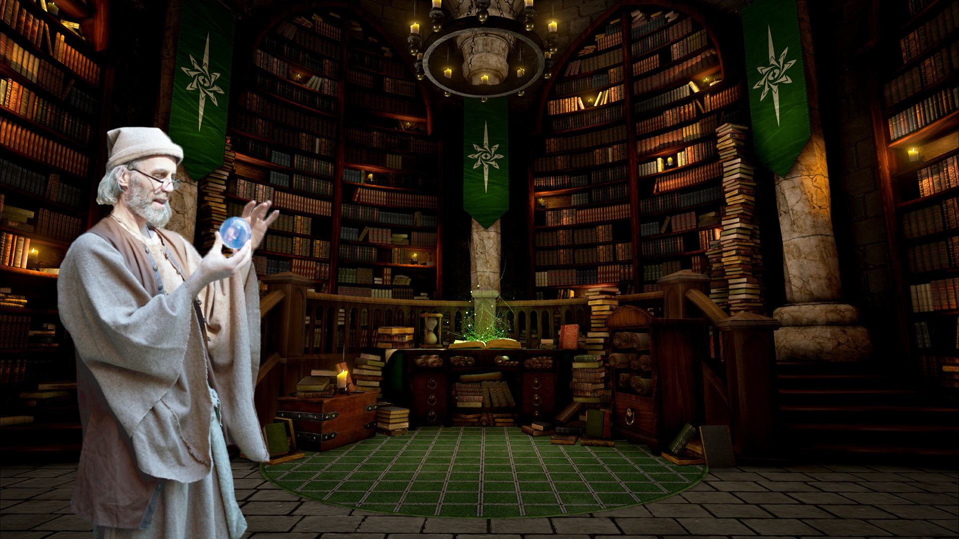 A bearded man dressed as a sorcerer stands in an ornate, circular library lined with tall bookshelves and lit by candles. He holds a glowing crystal ball while facing a central table covered with books and magical objects, suggesting a theatrical fantasy setting.