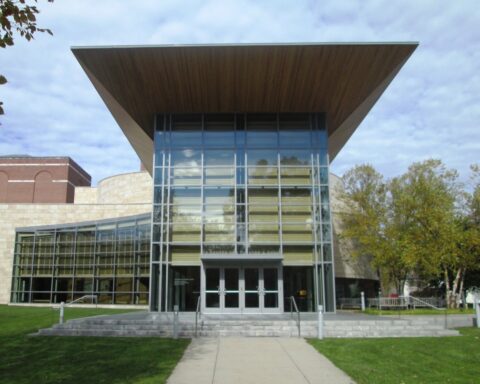 The front entrance of the '62 Center for Theatre and Dance at Williams College in Williamstown.