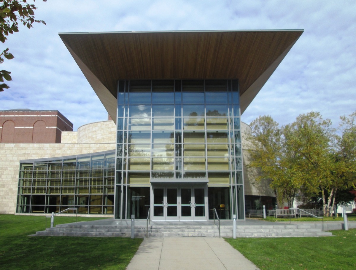 The front entrance of the '62 Center for Theatre and Dance at Williams College in Williamstown.