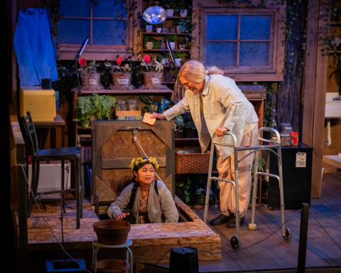 Actors Mei MacQuarrie, left, and Cate Damon perform in WAM Theatre’s production of ROOTED in Lenox, Mass., a Berkshire-based play exploring community, connection, and environmental themes through the story of a woman living in a treehouse.