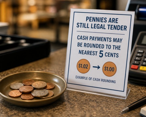 A checkout counter sign explains that pennies remain legal tender and cash payments may be rounded to the nearest five cents.