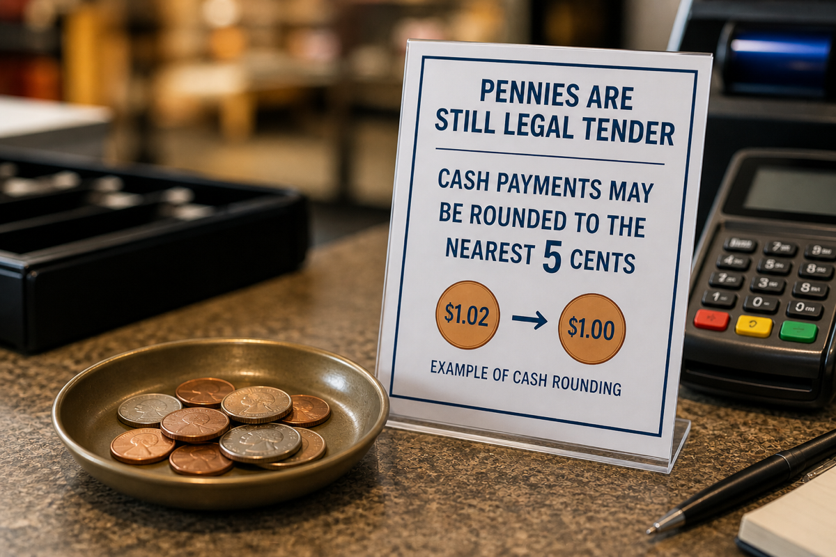 A checkout counter sign explains that pennies remain legal tender and cash payments may be rounded to the nearest five cents.