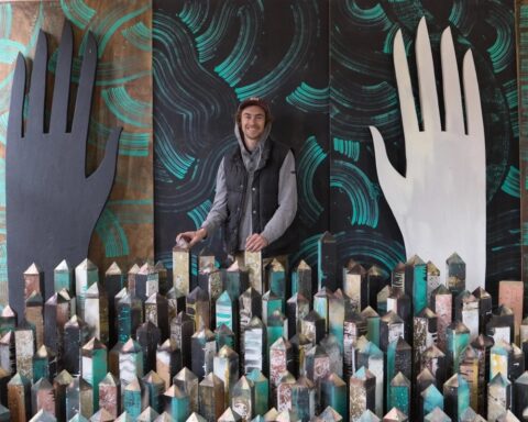 Artist Wes Bruce with sculptural work.