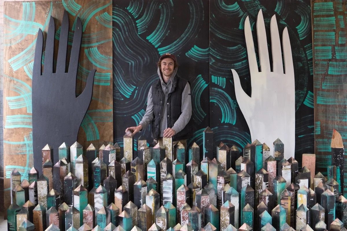 Artist Wes Bruce with sculptural work.