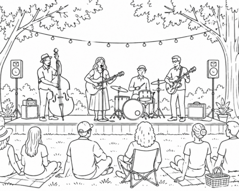 Black-and-white line illustration of an outdoor concert in a park. Four musicians perform on a small stage beneath string lights and trees while audience members sit on blankets and folding chairs on the lawn, enjoying a community music event.