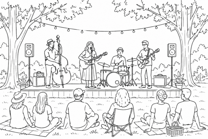 Black-and-white line illustration of an outdoor concert in a park. Four musicians perform on a small stage beneath string lights and trees while audience members sit on blankets and folding chairs on the lawn, enjoying a community music event.