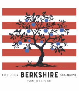 Label for Berkshire Cider Project's Constitution Hill hard cider, featuring a stylized apple tree against red-and-white stripes. The limited-edition cider was created with the Berkshire County Historical Society to celebrate the nation's 250th anniversary using Colonial-inspired cider-making techniques.